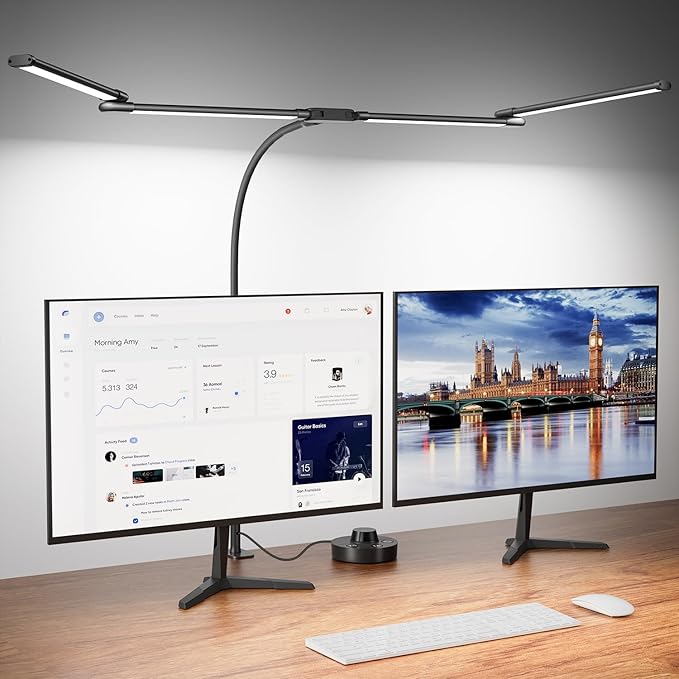 Desk Lamp Clamp Light 24W, Ultra Wide 4 Head Bars, 5 Color Modes Dimming, Multi-Screen Setup Desk Light for Office, Architect (Black, Adapter Included)