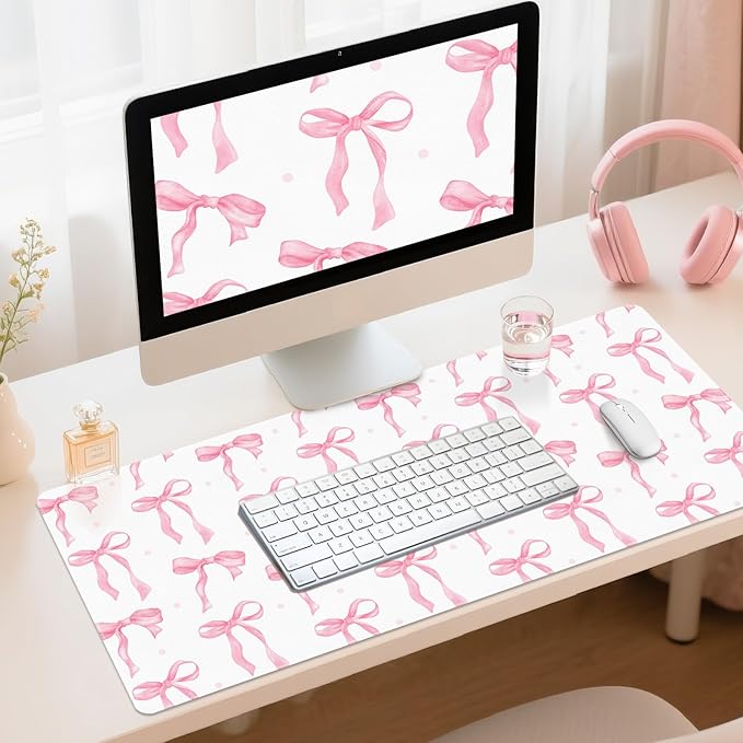 Desk Mat, XXL Large Mouse Pad,Leather Desk Pad Blotter Protector,Computer Laptop Mouse Pads for Desktop,Waterproof Writing Anti-Slip Mousepad for Office and Home I Pink Bow Girly