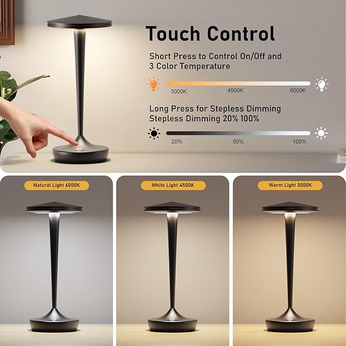 YHT CordlessTable Lamps Rechargeable, 6000mAh Battery Portable LED Touch Led Table Lamp, 3-Color Stepless Dimming & Memory Function, for Outdoor, Dinning, Patio, Restaurant, Kitchen (Black)