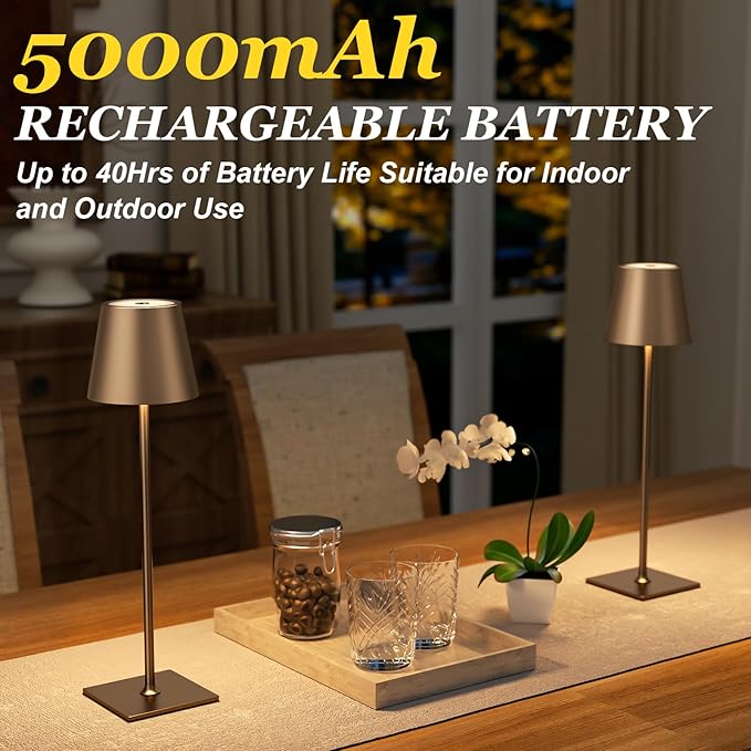 Kakanuo Brown Cordless Rechargeable Table Lamp 5000mAh Battery Operated Lamps, 3 Colors Stepless Dimming Touch Lamp for Living Room, Kitchen Counter, Dining, Outdoor Patio, 2 Pack
