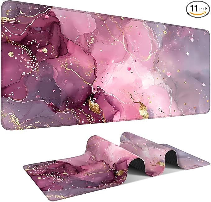 Pink Marble Gaming Mouse Pad 35.4x15.7Inch Large Desk Mat Anti-Slip Rubber Base & Durable Stitched Edges for Gamers Smooth Mouse Writing Surface for Desk Office/Home