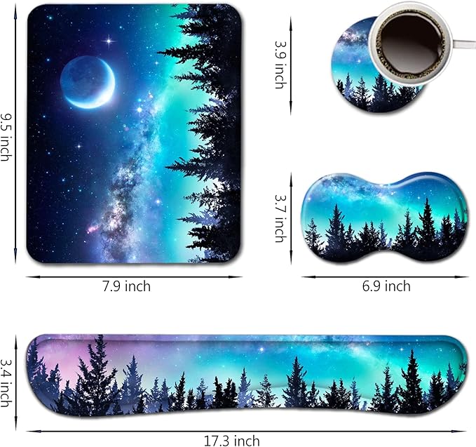AIMSA Keyboard Wrist Rest Support + Mouse Pad + Mouse Wrist Rest + Coaster, Ergonomic Memory Foam Anti-Slip Rubber Base 4 PCS Set Easy Typing Pain Relief, Forest Moon Sky