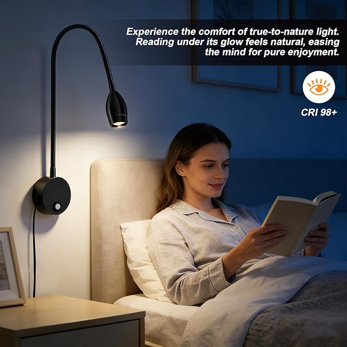 ERAY LED Wall Mounted Reading Light, Bedside Reading Lights for Bed with Touch Control, 3 Dimmable, 360°Flexible Gooseneck Headboard Book Reading Lamp Wall Sconce, 3000k-6000k-1 Pack