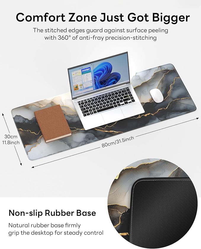 Black Marble Mouse Pad, 31.5 x 11.8 Large Desk Mat with Stitched Edges & Non-Slip Base, Mousepad for Office, Home, Work