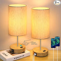 Table Lamps Set of 2 Touch Control, 2 USB Charging Ports&AC Outlet, 3-Way Dimmable Bedside Nightstand Lamp with Flaxen Fabric Shade and Wooden Base for Bedroom, 2-Pack A19 LED Bulbs Included