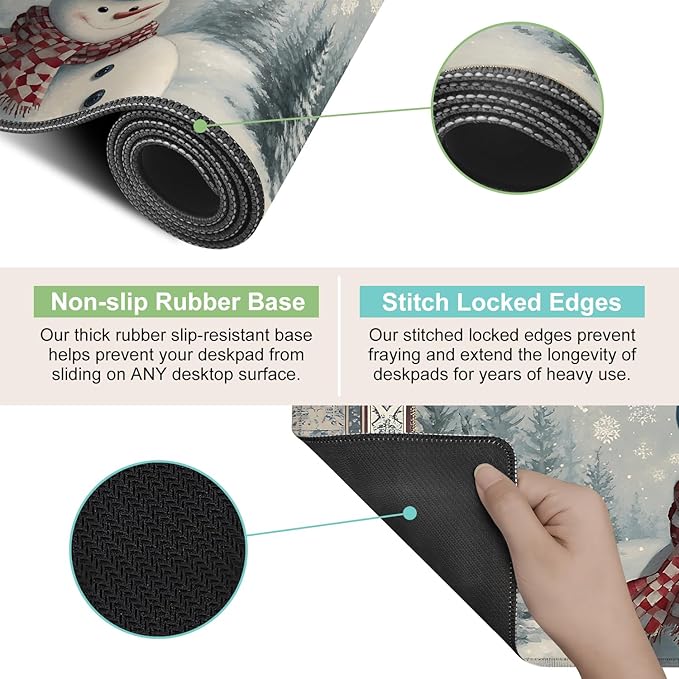 Desk Mat, XXL Extended Gaming Pad for Desktop, 35x16 Inches Winter Snowman in Snowy Forest, Large Non-Slip Vegan Leather Surface with Stitched Edges, Keyboard Mouse Mat for Home Office