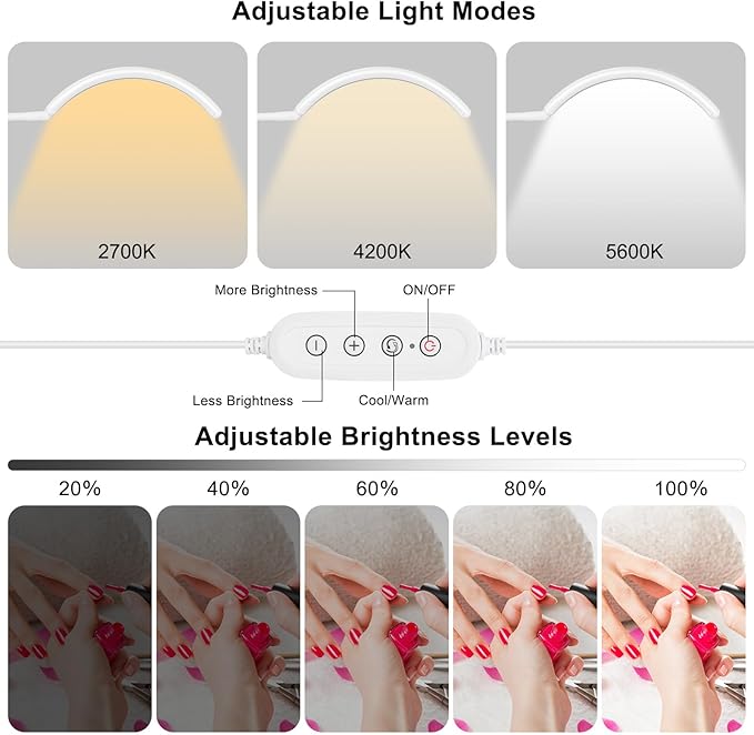Professional Half Moon LED Desk Light for Nail Techs & Artists – Flexible Gooseneck Lamp with Clamp, 3 Color Modes & 5 Brightness Levels for Manicure, Tattoo, Beauty Work (White)