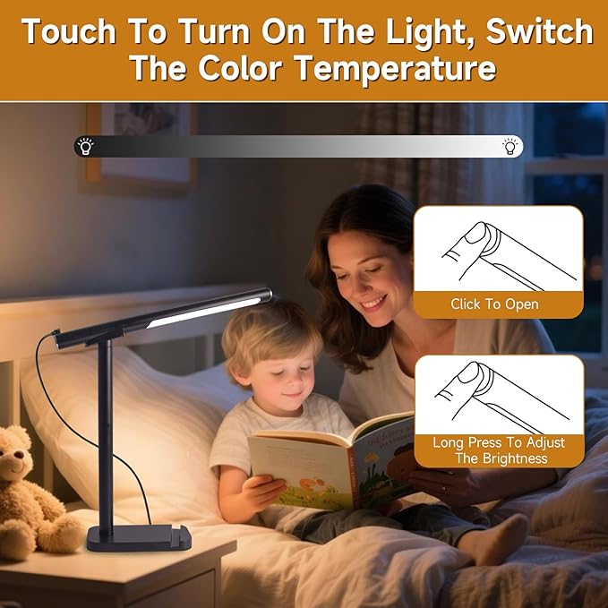 2 In 1 Led Desk Lamp - Outdoor Magnetic Desk Lamps for Home Office Study Bedroom , Black Desk Lamps with Phone Holder & USB Charging Port, 3500-6500K Touch Control Dimming & 5 Brightness Levels