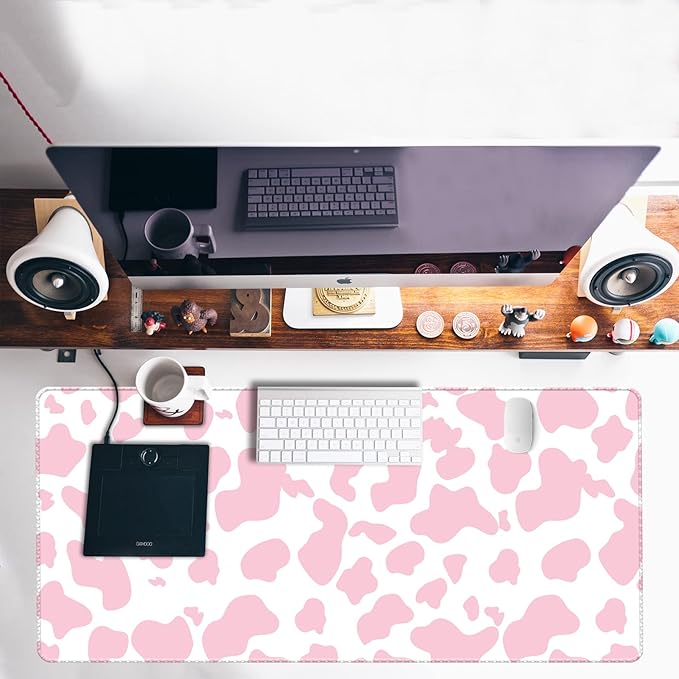 Extended Large Computer Gaming Mouse Pad Desk Mat(31.5×15.7 in),Desk Pad with Non-Slip Base and Stitched Edges,Suitable for Work Office Large Gaming Mouse Pad Desktop Pad-Pink Cow