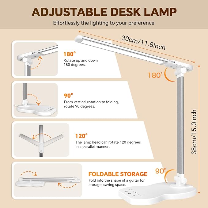 Desk Lamps for Home Office, Dimmable LED Desk Lamp, 5 Color Modes, 10 Brightness, Touch Desk Light with USB Charging Port for Nail Craft Puzzle Sewing Study - White