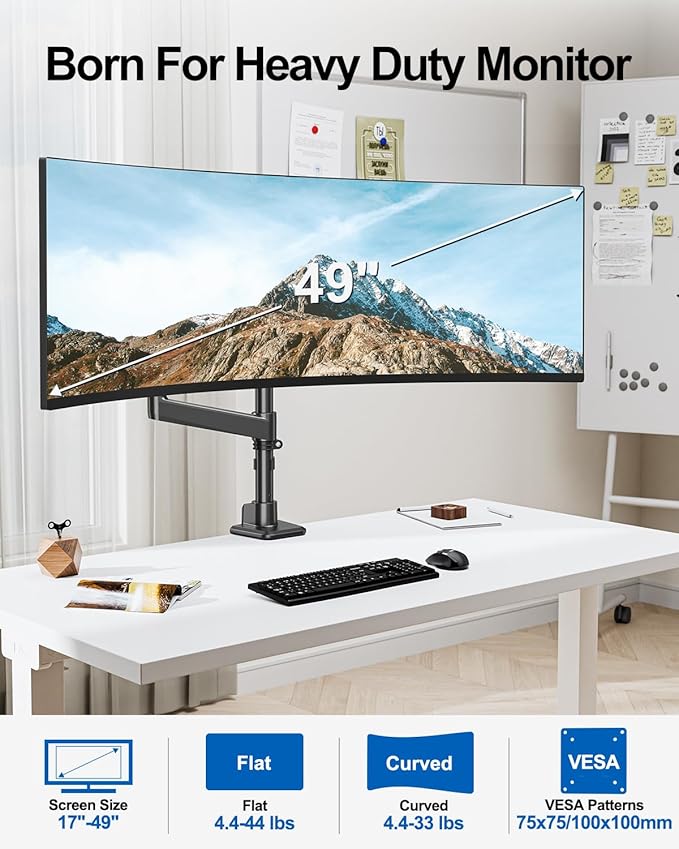 Heavy Duty Single Monitor Mount for Max 49 inch, Hold 4.4 to 44 lbs Ultrawide Screens, Premium Monitor Arm for Samsung Odyssey G9 and More, Adjustable Gas Spring Desk Stand, VESA Mount