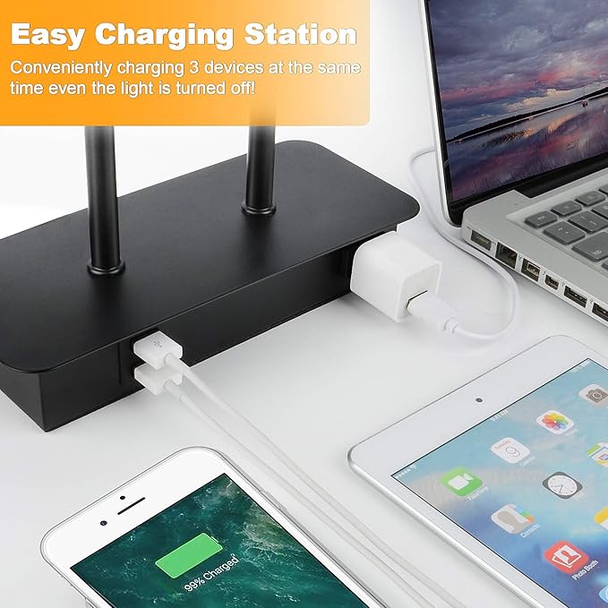 16.1'' 3-Way Dimmable Touch Control Table Lamp with USB Ports and AC Power Outlet Modern Bedside Nightstand Lamp Fabric Shade and Metal Base for Bedroom Living Room LED Bulb Included Warm White
