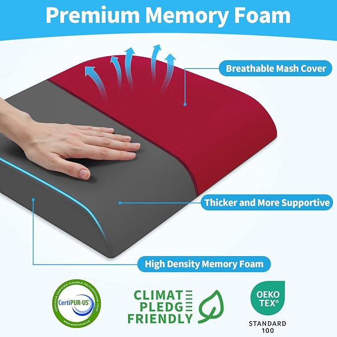 Large Seat Cushion, Memory Foam Cushion for Long Sitting Hours on Office Chair, Home & Car, Non-Slip Chair Pad for Relieving Back & Sciatica & Hip & Coccyx Pain (Red)