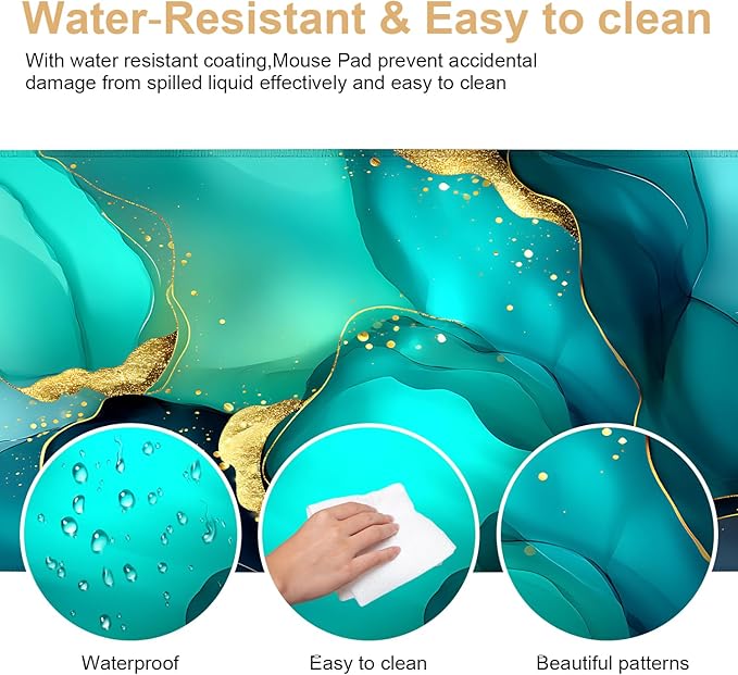 Large Mouse Pad & Keyboard Mat 35x16 Inches, Luxury Blue and Gold Gradient Fluid Art Non-Slip Rubber Base Desk Mat, Large Extended Desk Protector for Home Office Gaming Setup