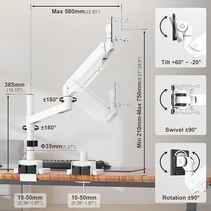 24-57 inch Heavy Duty Monitor Arm, up to 59.4 lbs, Single Desk Mount for Ultrawide TV and Screen, Premium Aluminum Single Monitor Stand, VESA 75x75-200x200 mm, White