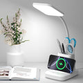 Wireless Charging Desk Lamp with Pen Holder, 800LM Dimmable Office Light with 3 Color Modes, 8W LED Table Lamp for Computer Desk, Studying, White
