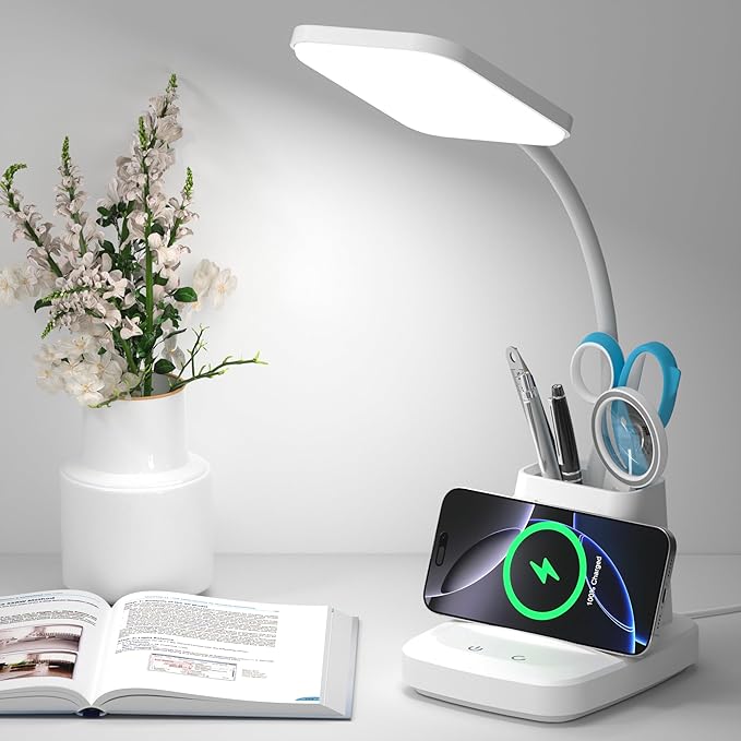 Wireless Charging Desk Lamp with Pen Holder, 800LM Dimmable Office Light with 3 Color Modes, 8W LED Table Lamp for Computer Desk, Studying, White