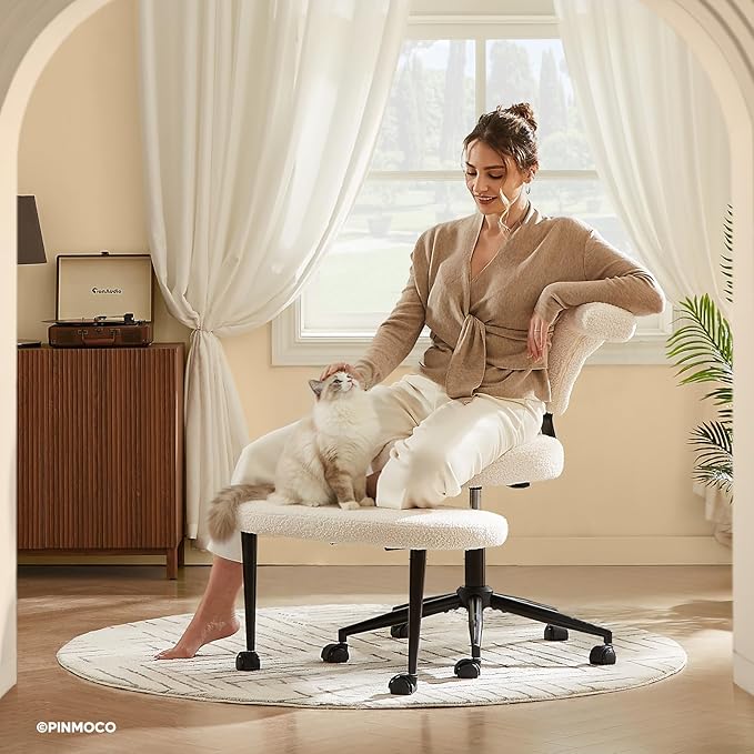 Ergonomic Cross Legged Office Chair Extra Wide for ADHD and Meditation, Kneeling Chair with 360° Swivel Wheels and Reversible Seating, Adjustable Height and Seat Deapth, Teddy Fabric, White