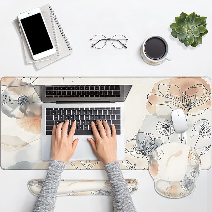 Arttown Watercolor Flower Leaf Desk Mat Summer Mouse Pad Set 4 in 1 Botanical Ergonomic Design Large Desk Pad + Keyboard Wrist Rest + Mouse Wrist Rest + Coaster Suitable for Home Office Study Game
