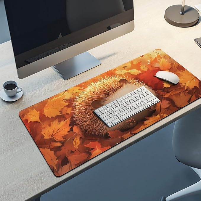 Large Ergonomic Gaming Mouse Pad Cozy Hedgehog in Autumn Leaves - Cute Forest Animal Theme with Non-Slip Base Water-Resistant Surface and Stitched Edges 40x90cm