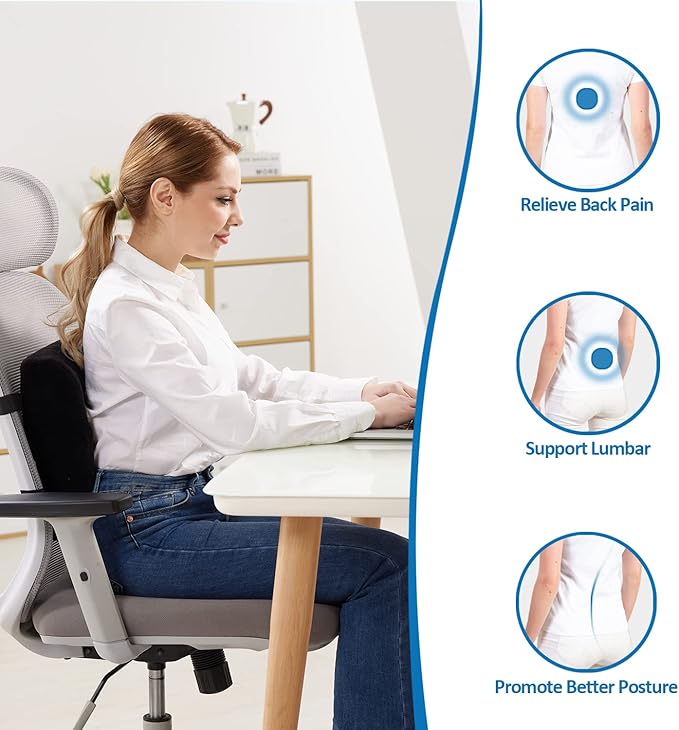 SAIREIDER Comfortable Lumbar Support Pillow for Office Chair, Memory Foam Back Support Pillows for Car、Gaming Chair、 Home Chair, Back Support Improve Posture, Double Adjustable Straps(Black)
