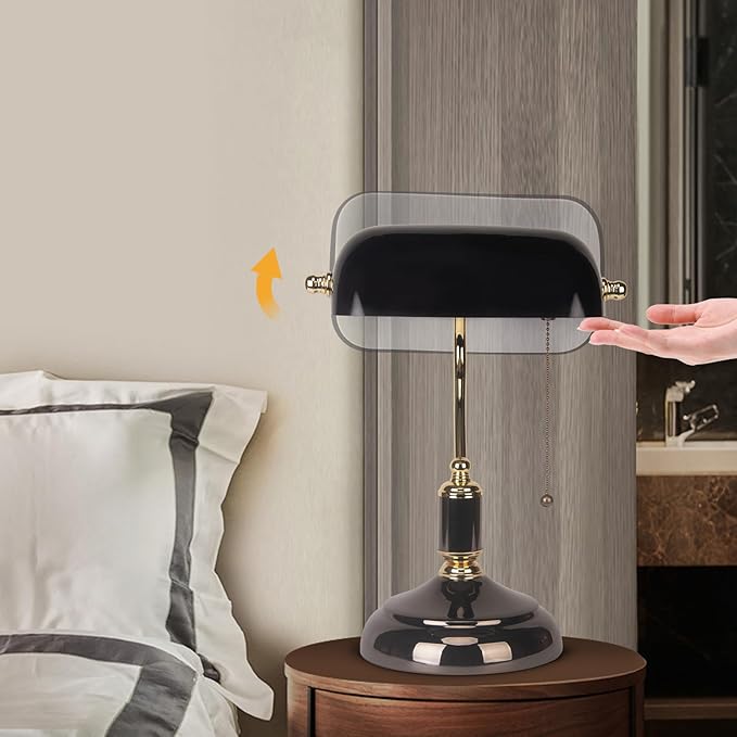 FIRVRE Bankers Desk Lamp with Pull Chain Switch Plug in Fixture, Black Glass Shade Desk Lamps, Golden and Black E26 Base, Traditional Library Lamp for Office,Piano,Study Room