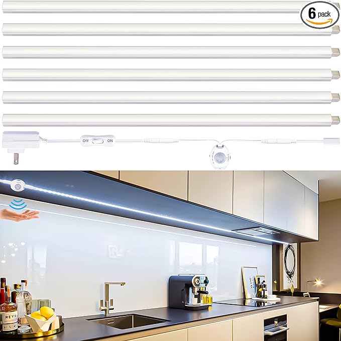 Motion Sensor Under Cabinet Lights, Plug in, Seamlessly Linkable, 6 Pcs 12 Inch Under Counter Lighting Bars for Kitchen, Closet, Gun Safe, Shelf, Display Case, LED 5000k Daylight