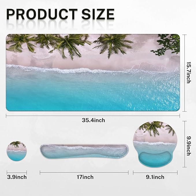 Britimes Blue Turquoise Ocean Keyboard Mouse Pad Set Beach Summer 4in1 Large Mousepad+Keyboard Wrist Rest+Mouse Wrist Rest+Coaster Ergonomic Design for Home Office Computer 35.4x15.7 inches