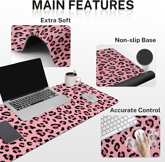 Arttown Leopard Desk Mat Pink and Black Leopard Mouse Pad Set 4 in 1 Ergonomic Design Large Mouse Pad + Keyboard Wrist Rest + Mouse Wrist Rest + Coaster Suitable for Home Office Study Game
