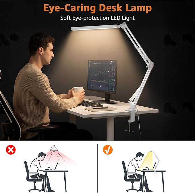 Upgrade Swing Arm LED Desk Lamp with Clamp, 80 LED Beads, 5 Color Modes & 11 Brightness Levels, 360° Adjustable Arm, Eye-Caring Light CRI95, Timer & Memory Function, for Office, Study, Crafting