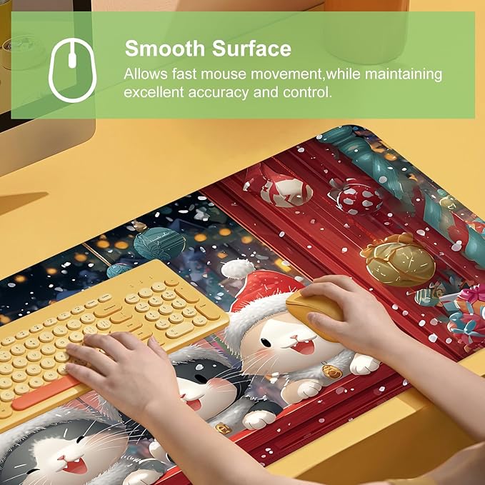 Desk Mat, XXL Extended Gaming Pad for Desktop, 35x16 Inches Cats in Santa Hats at Window, Large Non-Slip Vegan Leather Keyboard Mouse Mat for Home Office