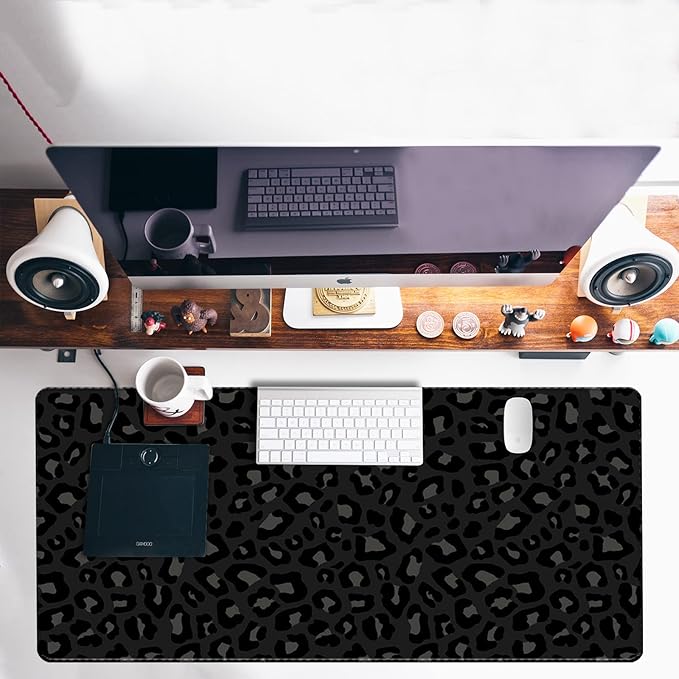 Extended Large Computer Gaming Mouse Pad Desk Mat(31.5×15.7 in),Desk Pad with Non-Slip Base and Stitched Edges for Work Office Large Gaming Mouse Pad Desktop Pad-Black Leopard Cheetah