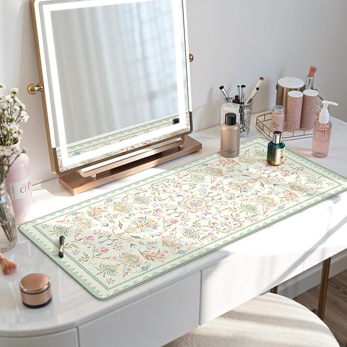 HAOCOO Floral Mouse Pad, 35.4" x 15.7" Waterproof Makeup Mat, Cute Aesthetic Desk Decor Pad, Women Office Keyboard Matt with Stitched Edges, Green Desk Accessories Work for Home