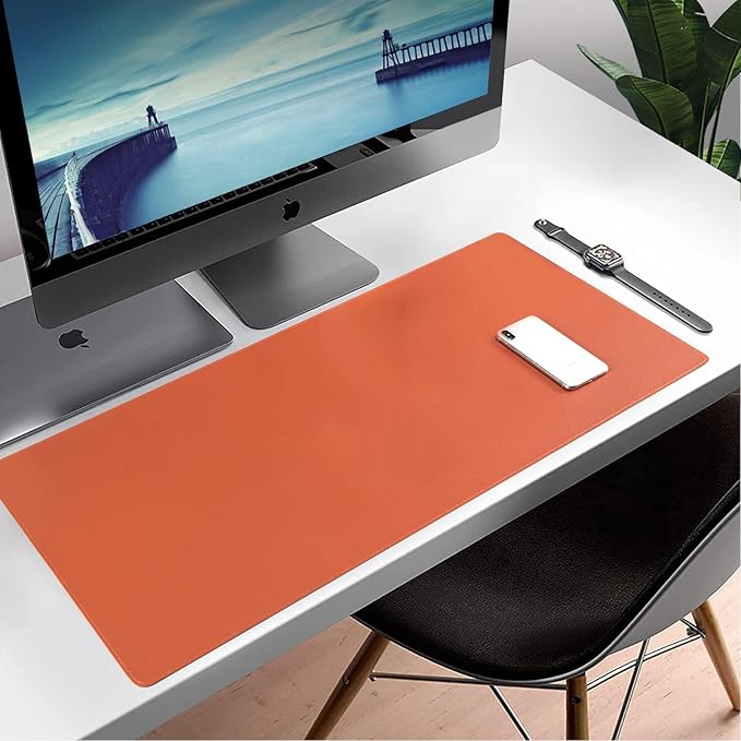 PU Leather Desk Pad Blotter,Waterproof Orange Office Desk Mat for Women,Non-Slip Writing Desk Protector Large Mouse Pad,36x17inch