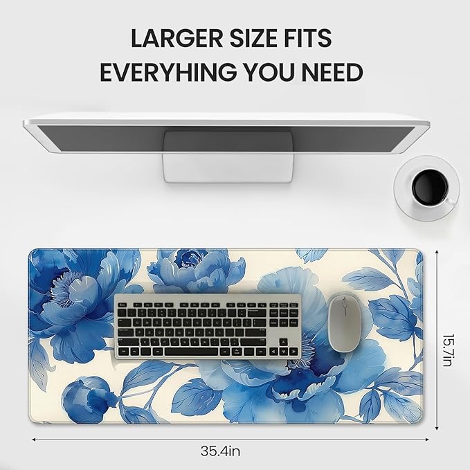 XXL Gaming Mouse Pad, Blue Floral Design, 35.4 x 15.7 Inches, Microfiber Cloth, Rectangular, Non-Slip Rubber Base