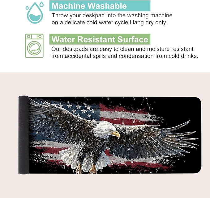Desk Mat, XXL Extended Gaming Pad for Desktop, 31x12 Inches Patriotic Bald Eagle US Flag Design, Large Non-Slip Vegan Leather Surface with Stitched Edges, Keyboard Mouse Mat for Home Office