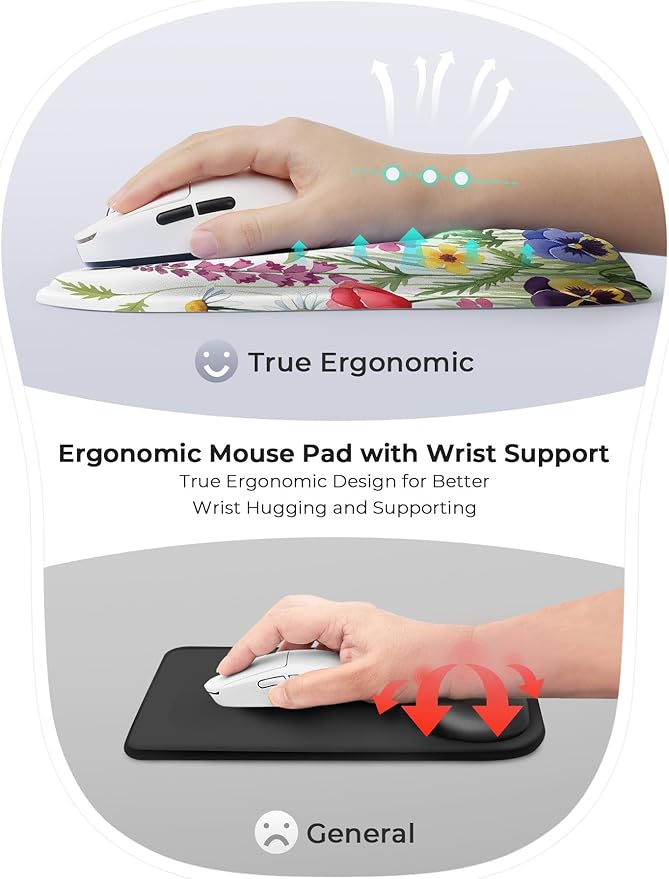 Wild Flower Bohemian Ergonomic Mouse Pad for Carpal Tunnel Pain Relief, 65% Usable Mouse Area, Memory Foam Concave Wrist Rest for for Office, PC, Gaming