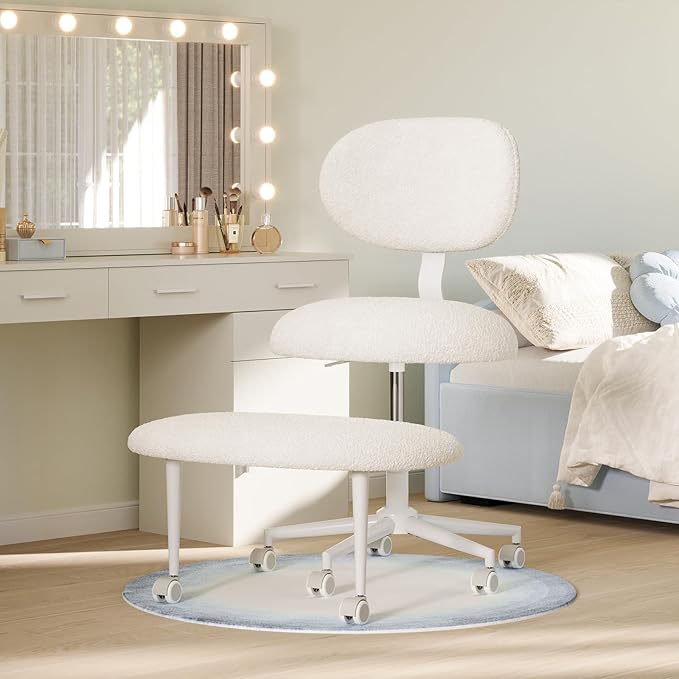 Ergonomic Cross Legged Office Chair with Wheels, Focus-Friendly Chair for Adults, Meditation Chair, Yoga Office Chair, Comfortable Lumbar Support, Height Adjustable, Small Spaces, Teddy Fabric, White