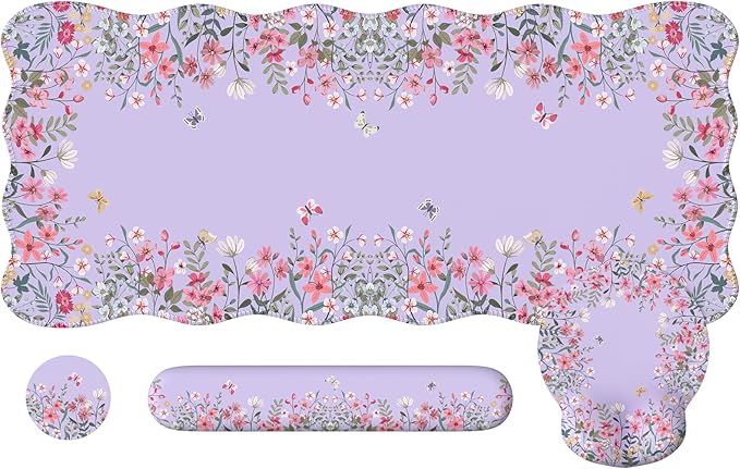 iCasso Desk Mat Set,Large Mouse Pad with Wrist Rest,Ergonomic Keyboard Wrist Support for Women,Girly Floral Computer Mat with Scalloped Edges,Non-Slip Desk Pad Home Office Gaming (Purple)
