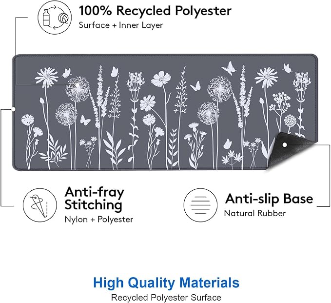 IMAYONDIA Cute Sage Gray Desk Mats Mousepad, Plant Floral Anime Mousepad Deskmat, Aesthetic Desk Pad, Minimalist Grey White Leaves Large Gaming Mouse Pad, Decor Accessories, 31.5 X 11.8