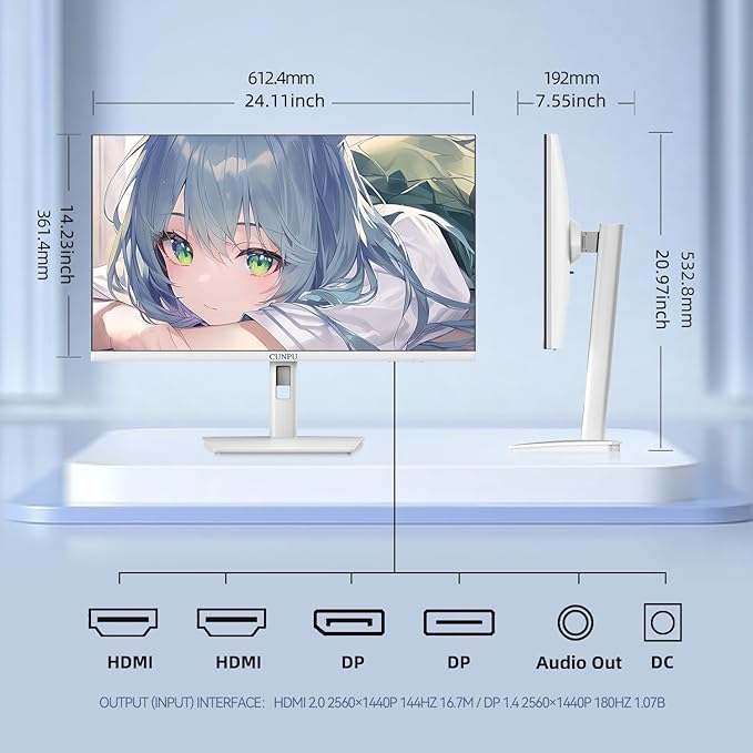 27 Inch White 180/200Hz Gaming Monitor, QHD 2560x1440 Fast IPS PC Monitor, Adaptive Sync, 100% sRGB, HDR10, Built-in Speaker, Height/Swivel/Tilt/Rotating Adjustable Stand, HDMI, Displayport