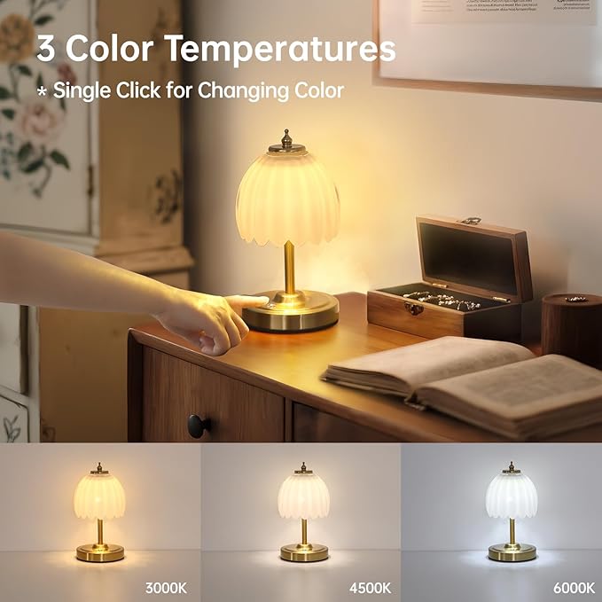 Tulip Small Table Lamp, 5200mAh Cordless Touch Control Mini Table Lamp with 3 Color Temps & Stepless Dimming, Perfect for Small Spaces Like Dressers, Bedsides, Bookshelves (White Tulip)