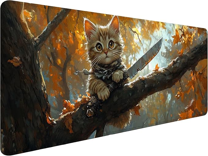 Cute Desk Mat Animal Cat Autumn Forest Fantasy Art Extended Gaming Mouse Pad Mat with Stitched Edge Non-Slip Base Big Mouse Pad 31.5"x11.8" Office Computer Keyboard Laptop Home