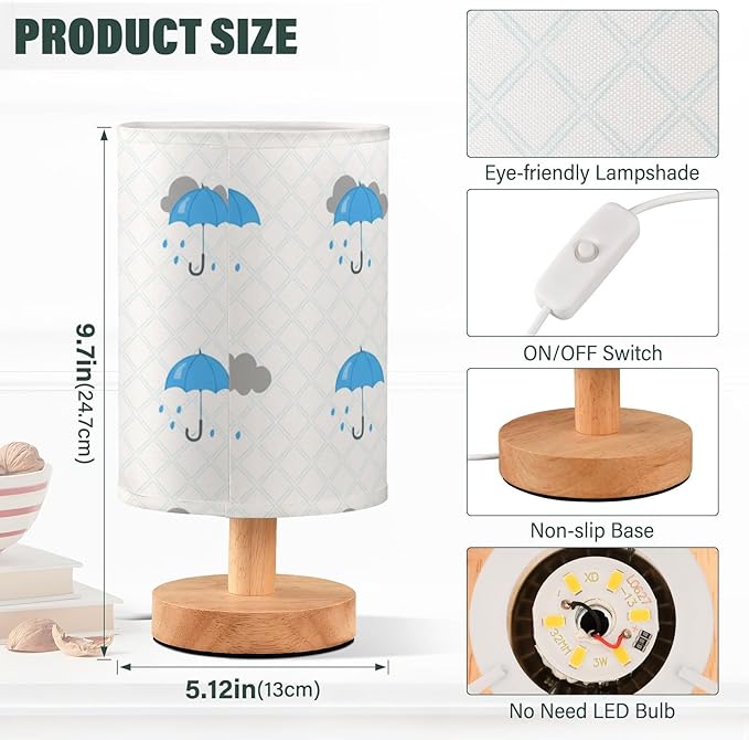 Light Blue Umbrella LED Table Lamp, Bedside Lamp with Linen Lampshade, Flicker-Free Eye Care USB Plug in Nightstand Lamp, for Bedroom and Office