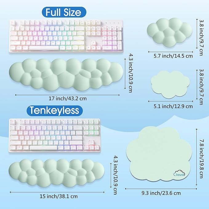Cloud Wrist Rest Keyboard Cushion, 4-in-1 Ergonomic Cloud Keyboard Wrist Rest and Mouse Pad Set with Memory Foam Arm Support for Palm, Cute Desk Accessory for PC Gaming Setup, Light Green