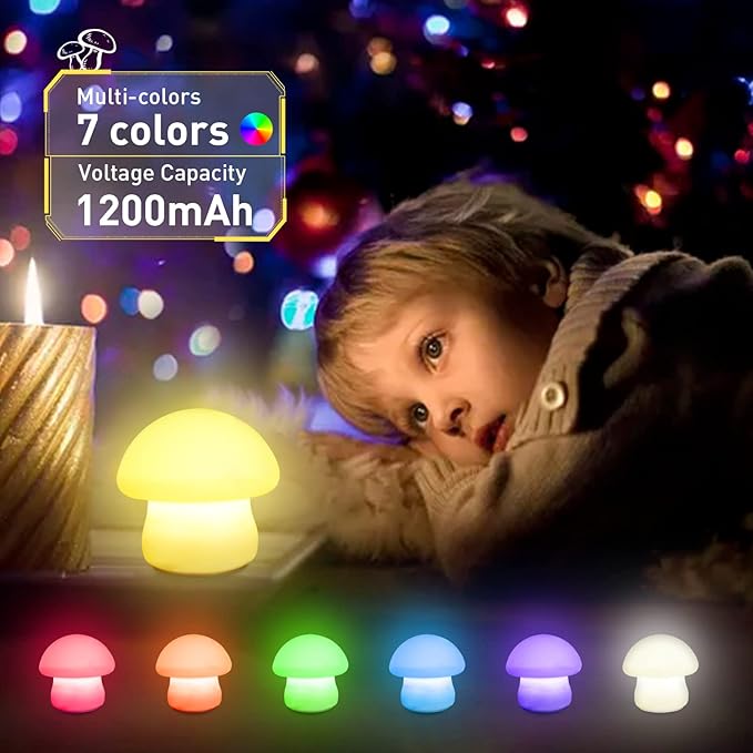 MUID Mushroom Lamp, Rechargeable Night Light, Multi-Color LED Mushroom Nightlight, Dimmable Nightlamp for Breastfeeding, Nursery Squishy Silicone Lamp for Bedroom(Tap/Remote Control)