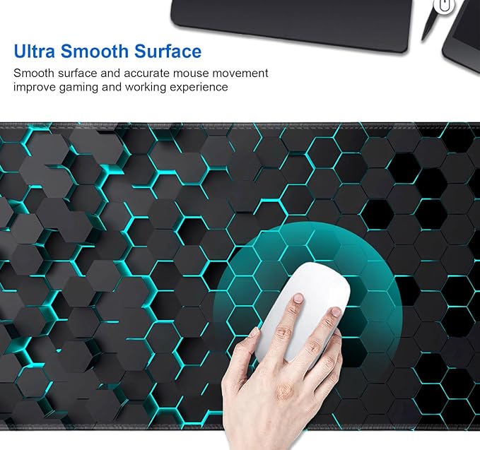 IMAYONDIA Black Blue Honeycomb Modern Gaming Large Mouse Pad XL(35.4x15.7 in), Geometric Shapes Cool Extra Large Mousepad, Computer Pad, Non Slip Rubber Desk Pad Mat