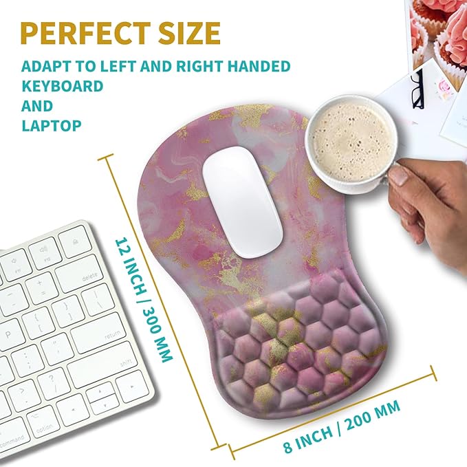 Hokafenle Ergonomic Mouse Pad Wrist Support, Wrist Rest Mousepad for Carpal Tunnel with Integrated Memory Foam Slope Massage Bulge (11.8x7.9 inch,Pink Gold Marble)