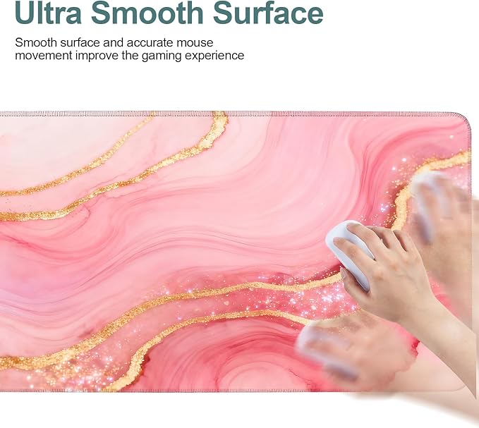 Pink Marble Extended Gaming Mouse Pad 35.4x15.7Inch Large Desk Mat Anti-Slip Rubber Base & Durable Stitched Edges for Gamers Smooth Mouse Writing Surface for Desk Office/Home