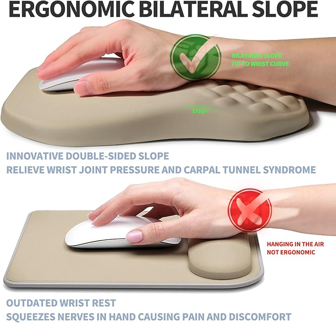 Ergonomic Raised Mouse Pad Wrist Support with Bilateral Slope Memory Foam Mousepad for Wrist Rest and Carpal Tunnel 11.8x7.9〃 Khaki